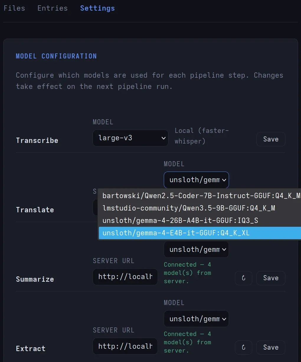 Saraswati settings for pipeline and models