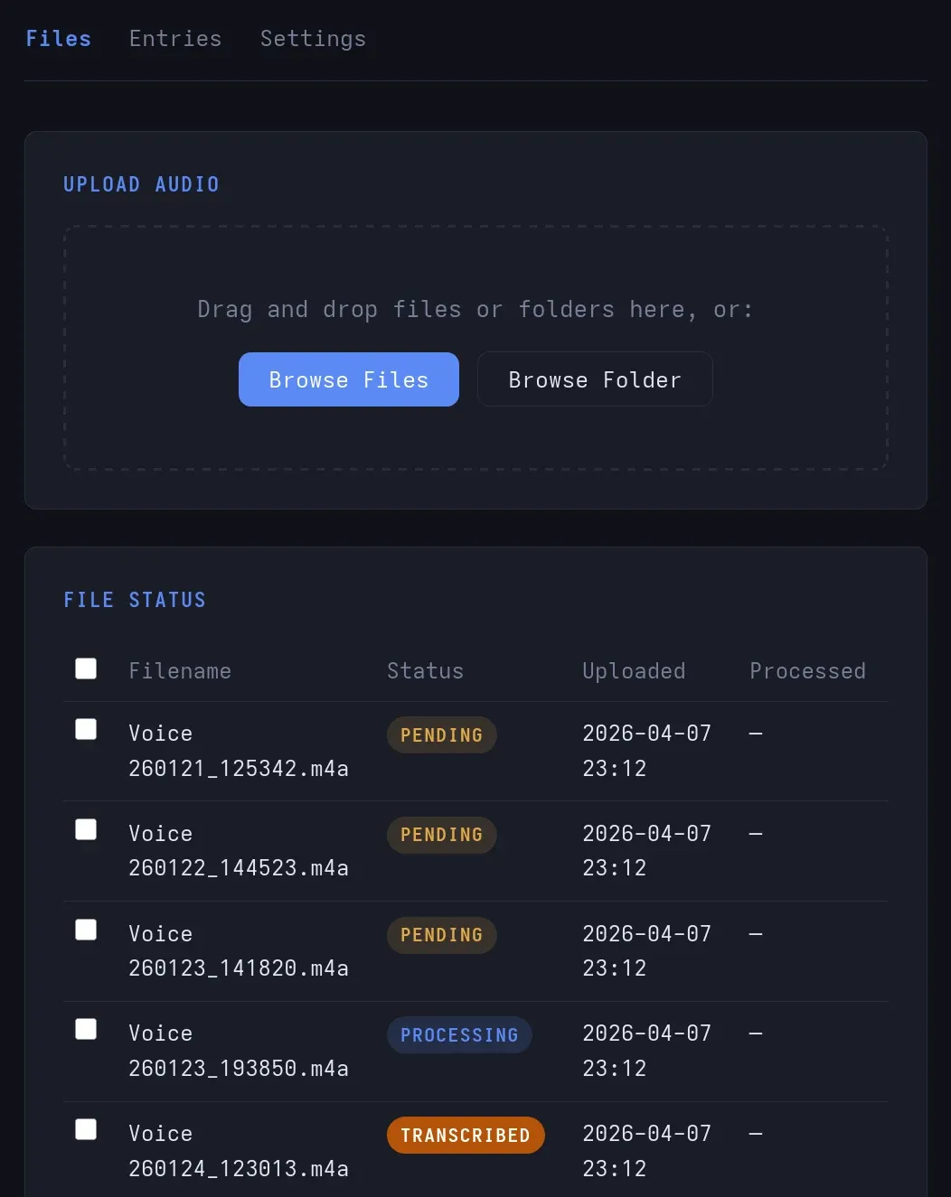 Saraswati web UI with upload form and file list